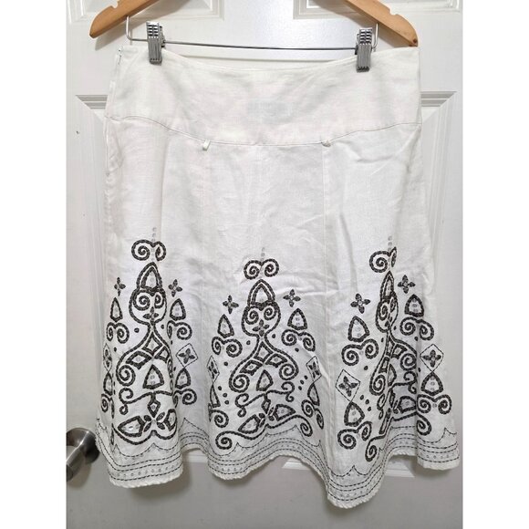 Next White A-Line 100%Linen Blend Skirt Black Embroidery Scars Next UK 14 EUR 42 - Picture 3 of 7